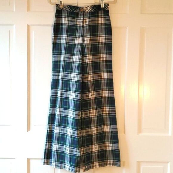 VINTAGE WIDE LEG FLARE TARTAN PLAID TROUSER PANT HIPPIE 60s 70s BLUE GREEN - Picture 1 of 12